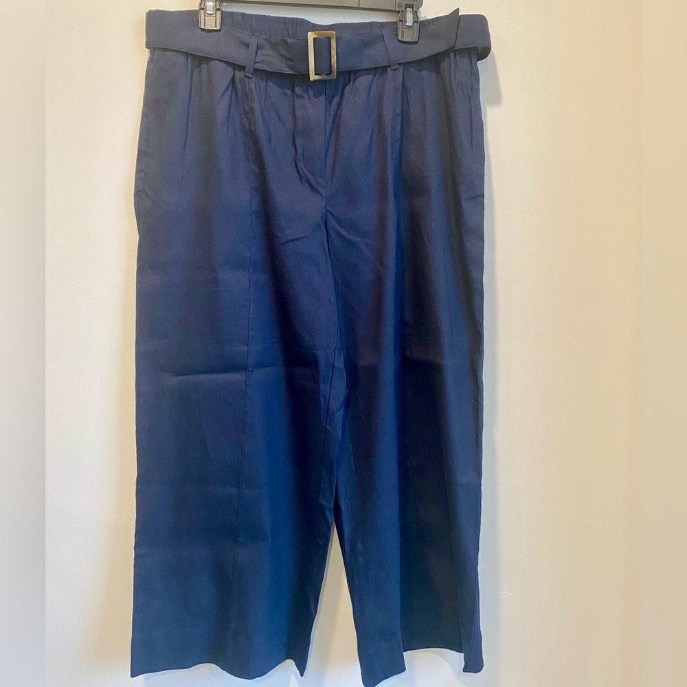 J. Jill Navy Blue Wide Leg Linen Blend Pull-On Cropped Pants with Belt
